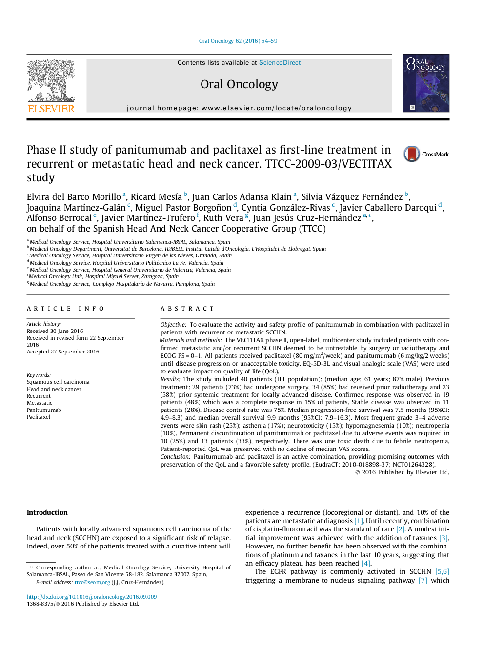 Phase II study of panitumumab and paclitaxel as first-line treatment in recurrent or metastatic head and neck cancer. TTCC-2009-03/VECTITAX study