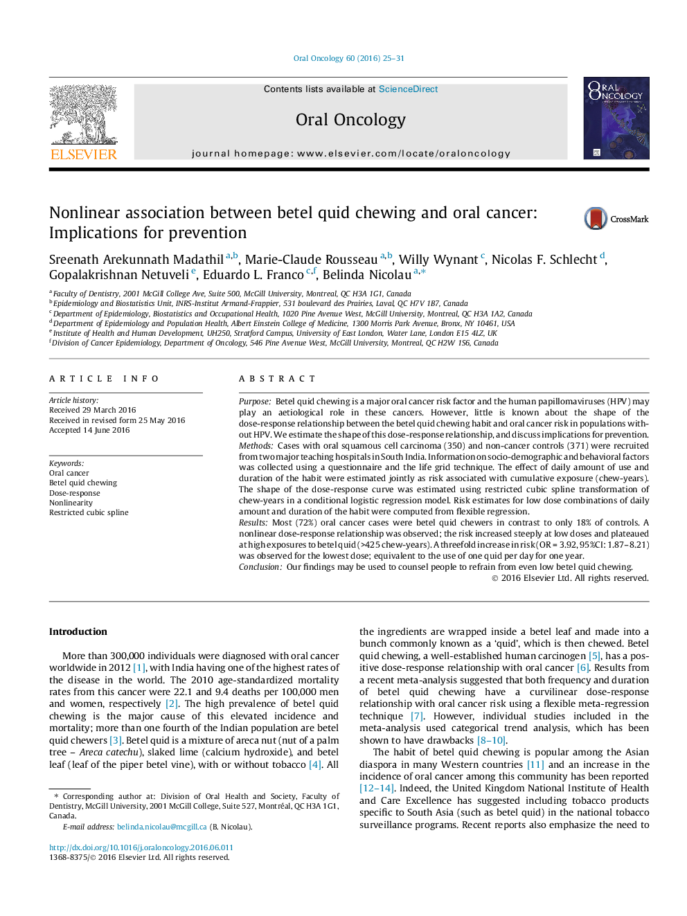 Nonlinear association between betel quid chewing and oral cancer: Implications for prevention