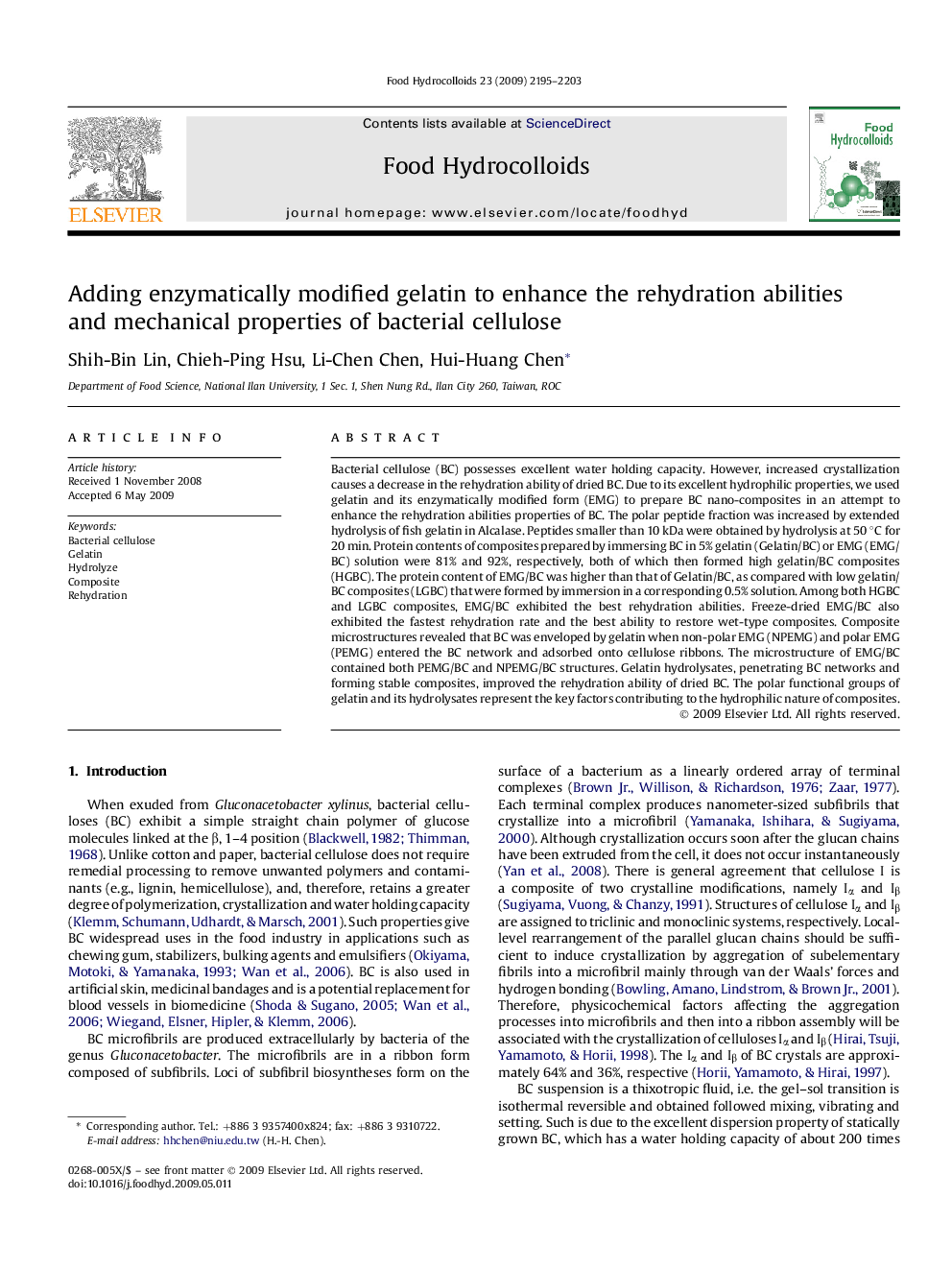 Adding enzymatically modified gelatin to enhance the rehydration abilities and mechanical properties of bacterial cellulose