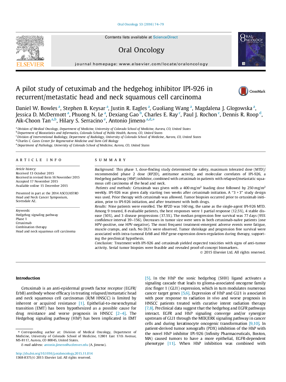 A pilot study of cetuximab and the hedgehog inhibitor IPI-926 in recurrent/metastatic head and neck squamous cell carcinoma