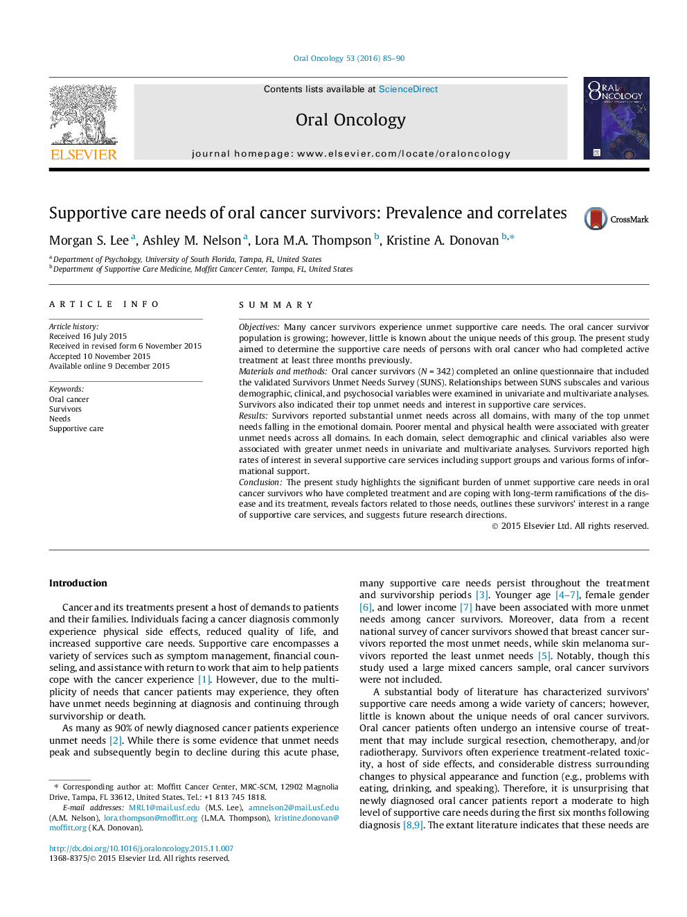 Supportive care needs of oral cancer survivors: Prevalence and correlates