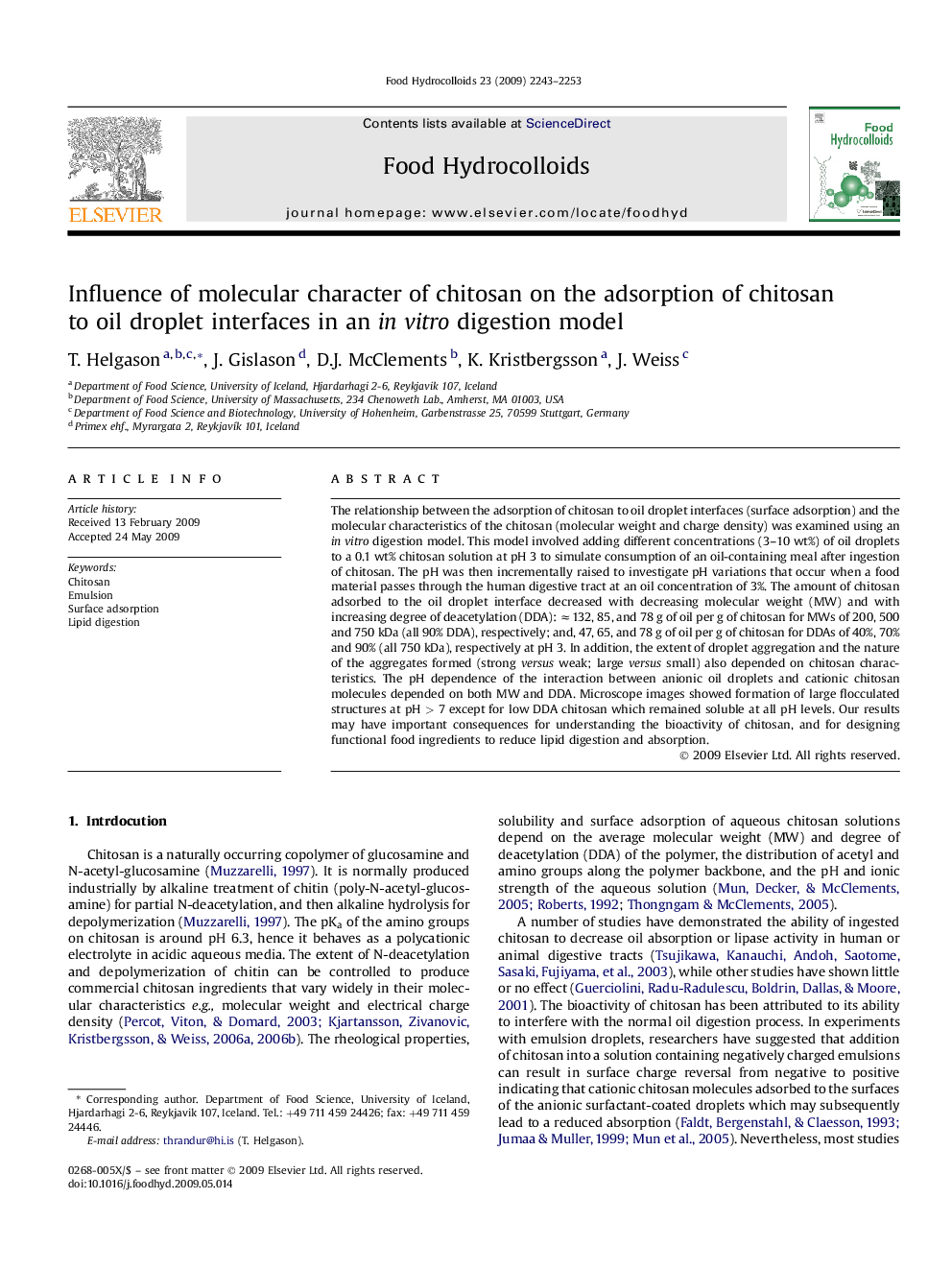 Influence of molecular character of chitosan on the adsorption of chitosan to oil droplet interfaces in an in vitro digestion model