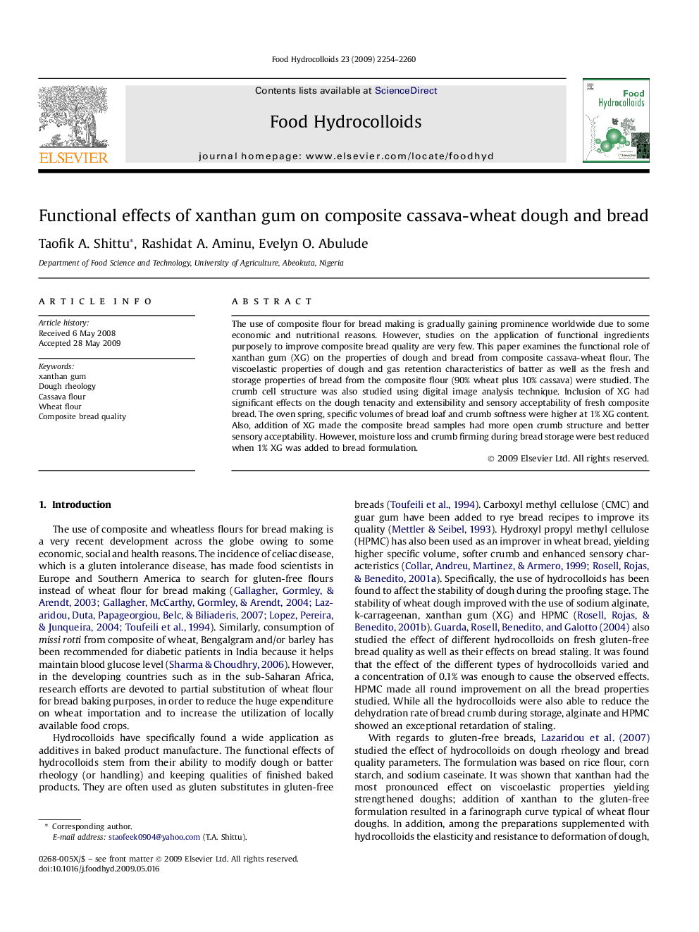 Functional effects of xanthan gum on composite cassava-wheat dough and bread