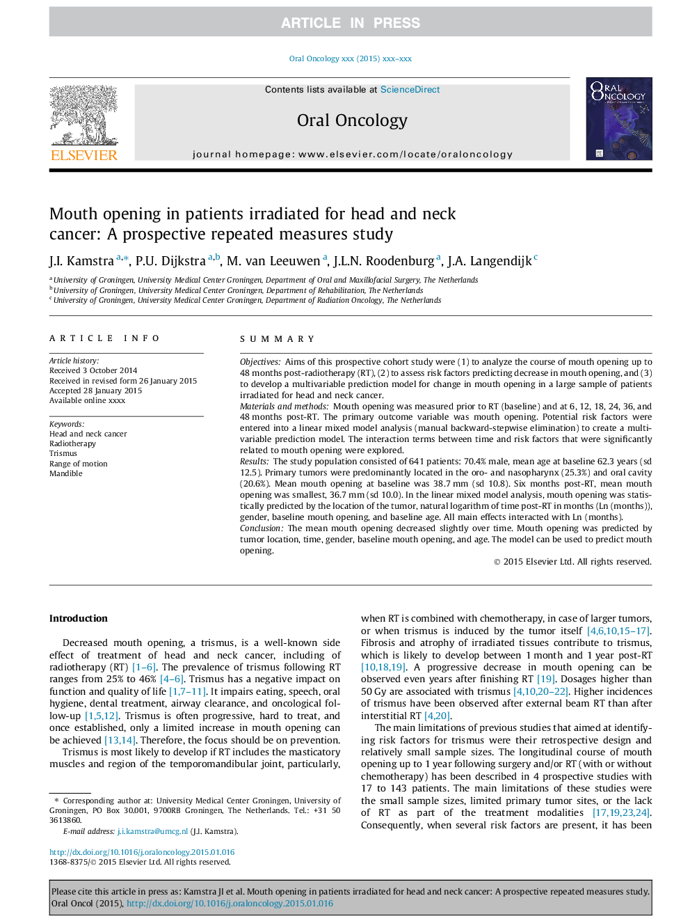 Mouth opening in patients irradiated for head and neck cancer: A prospective repeated measures study