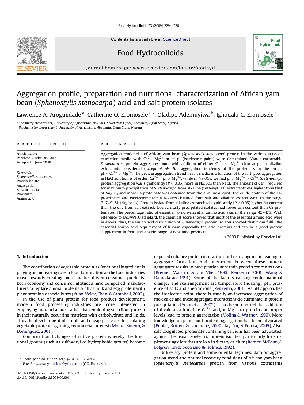 Aggregation profile, preparation and nutritional characterization of African yam bean (Sphenostylis stenocarpa) acid and salt protein isolates