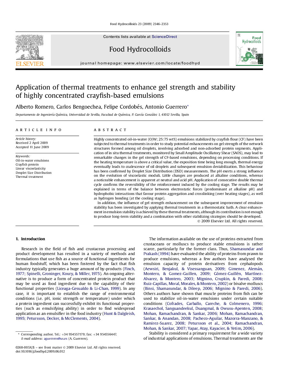 Application of thermal treatments to enhance gel strength and stability of highly concentrated crayfish-based emulsions