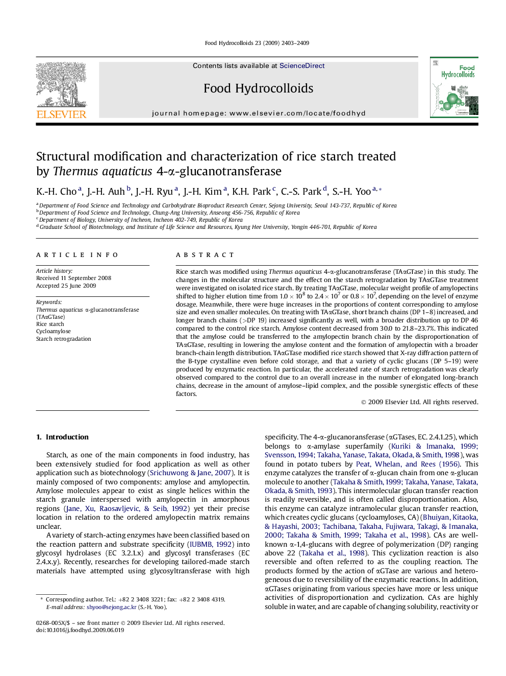 Structural modification and characterization of rice starch treated by Thermus aquaticus 4-α-glucanotransferase