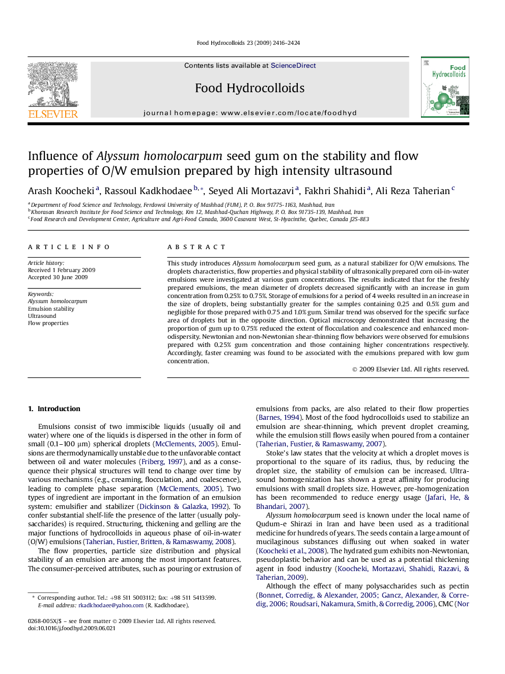 Influence of Alyssum homolocarpum seed gum on the stability and flow properties of O/W emulsion prepared by high intensity ultrasound