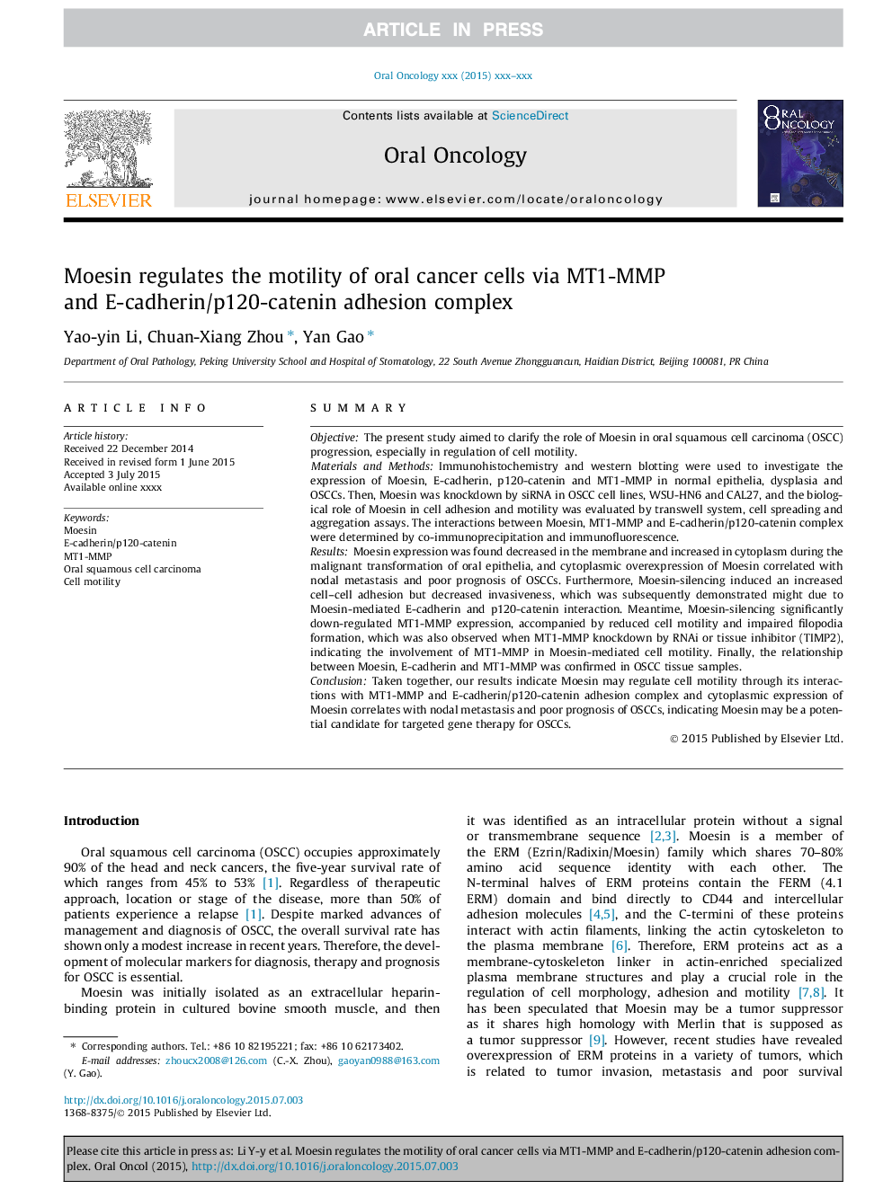 Moesin regulates the motility of oral cancer cells via MT1-MMP and E-cadherin/p120-catenin adhesion complex