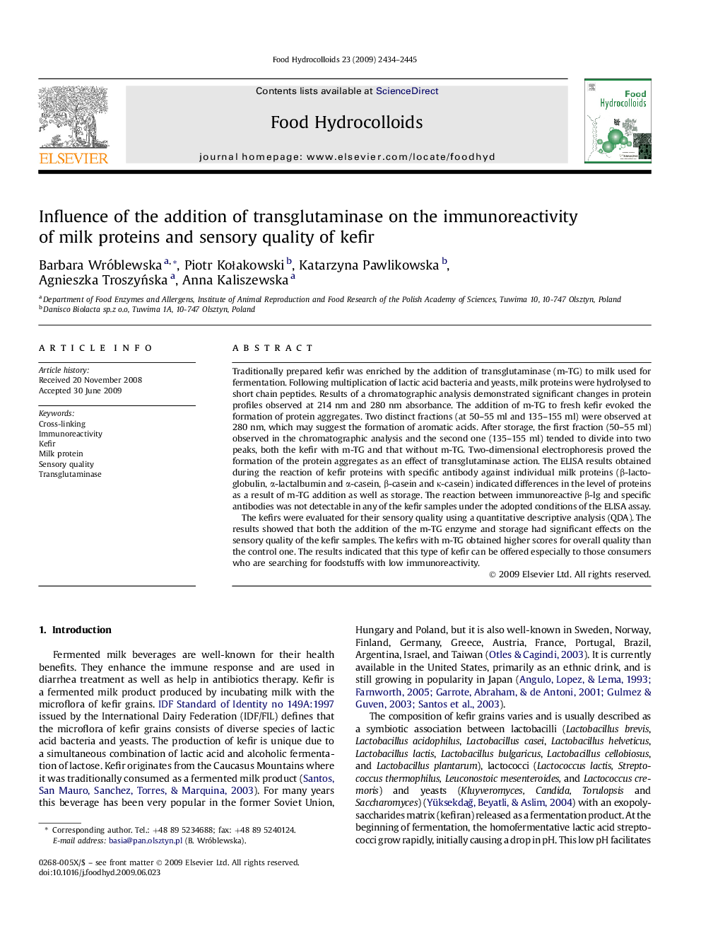 Influence of the addition of transglutaminase on the immunoreactivity of milk proteins and sensory quality of kefir