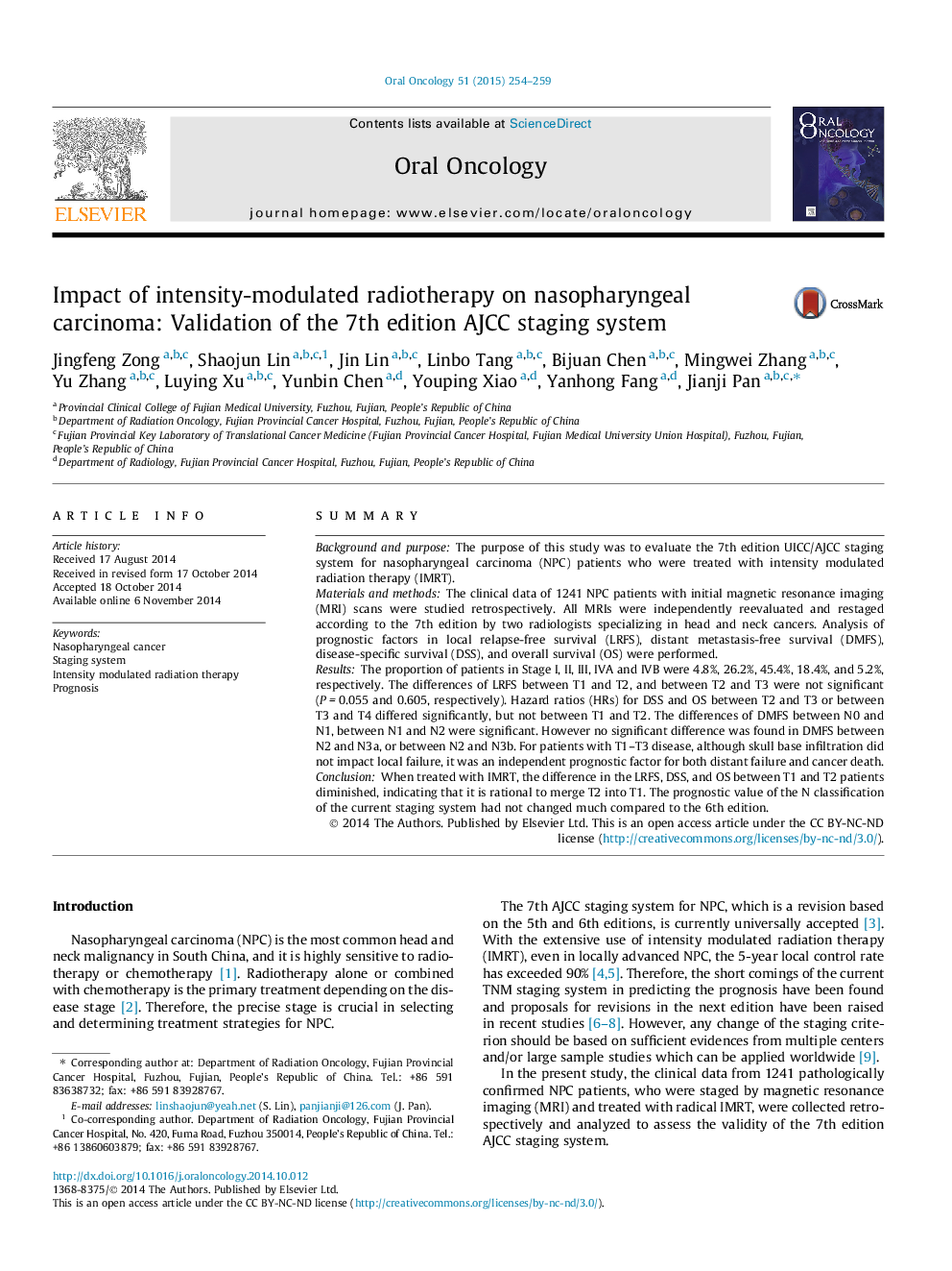 Impact of intensity-modulated radiotherapy on nasopharyngeal carcinoma: Validation of the 7th edition AJCC staging system