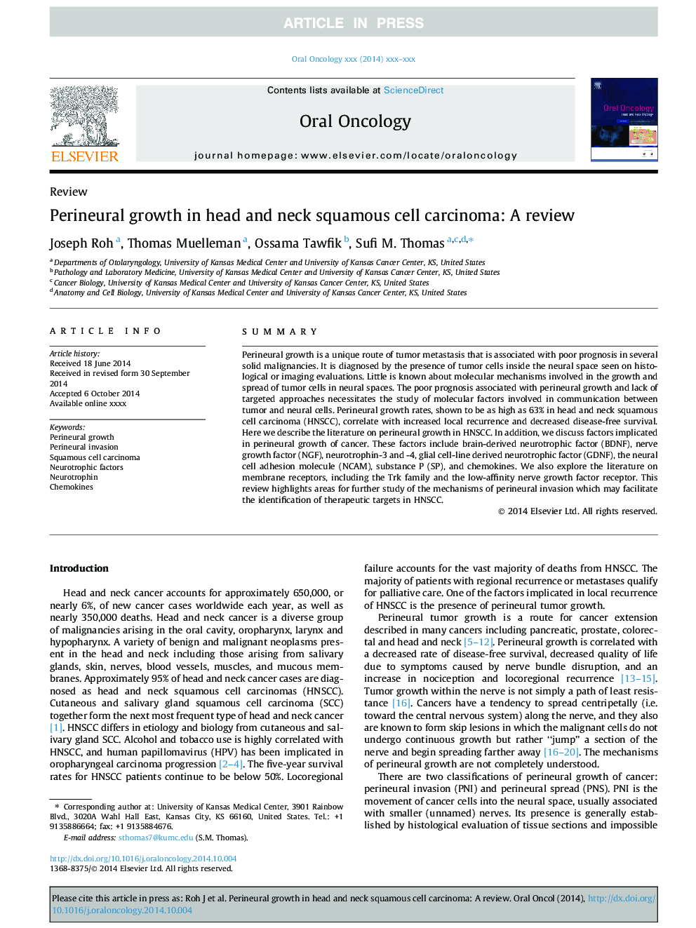 Perineural growth in head and neck squamous cell carcinoma: A review