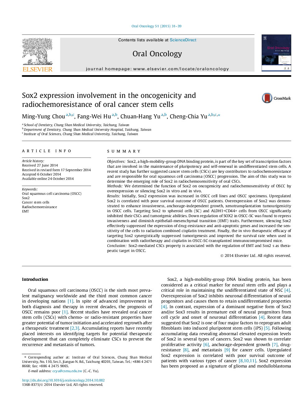 Sox2 expression involvement in the oncogenicity and radiochemoresistance of oral cancer stem cells