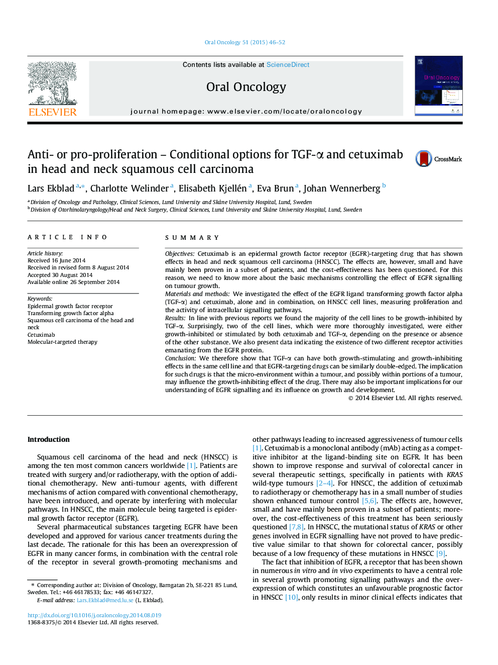 Anti- or pro-proliferation - Conditional options for TGF-Î± and cetuximab in head and neck squamous cell carcinoma