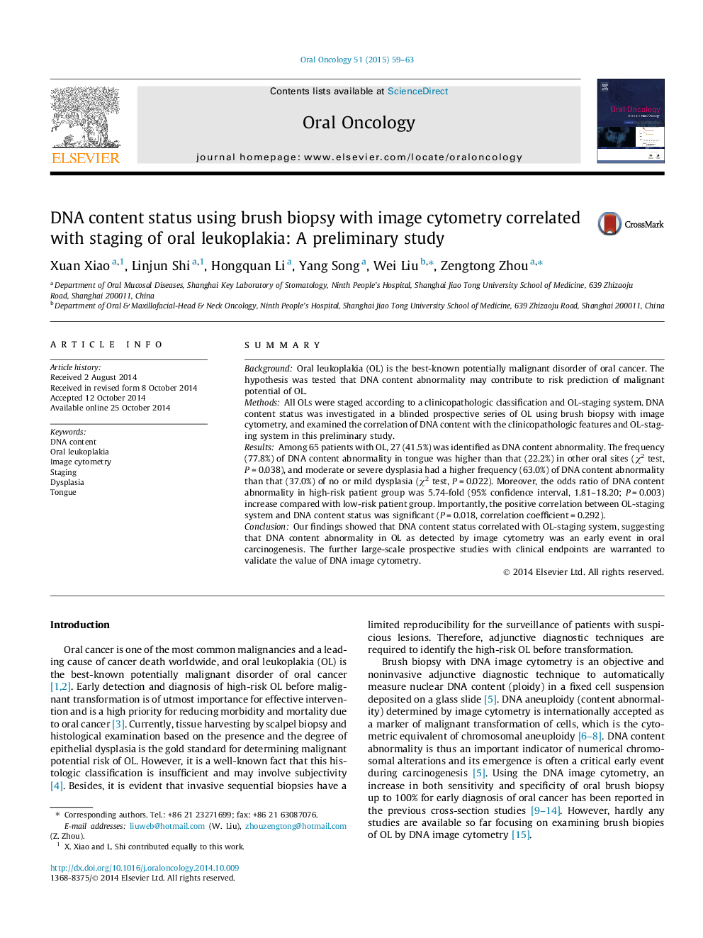 DNA content status using brush biopsy with image cytometry correlated with staging of oral leukoplakia: A preliminary study