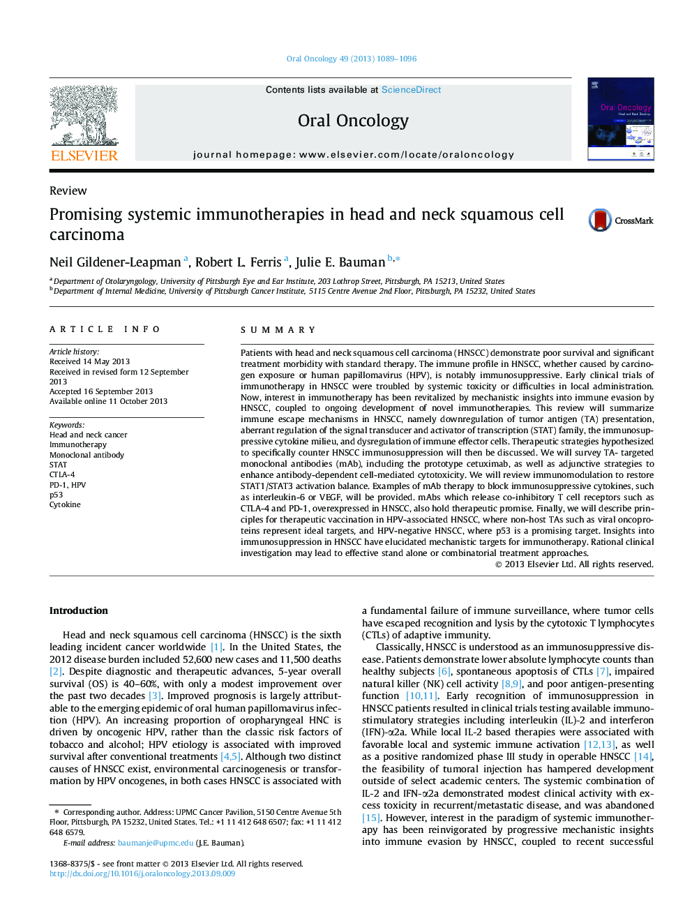 Promising systemic immunotherapies in head and neck squamous cell carcinoma