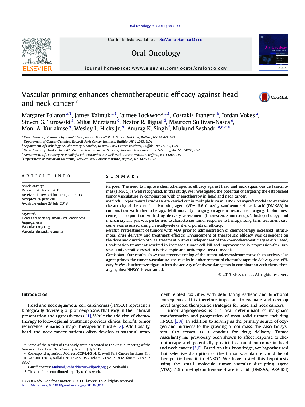 Vascular priming enhances chemotherapeutic efficacy against head and neck cancer