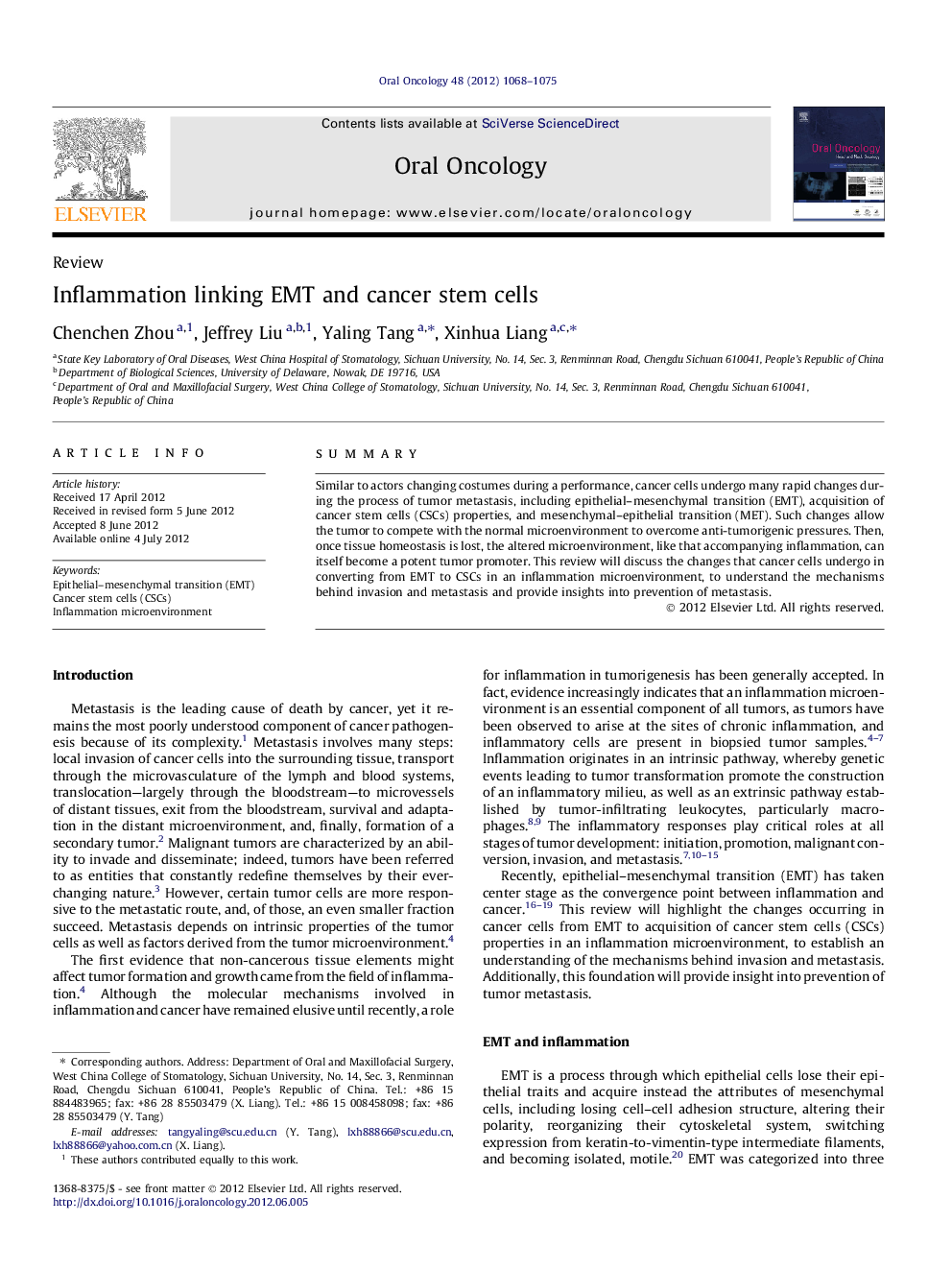 Inflammation linking EMT and cancer stem cells