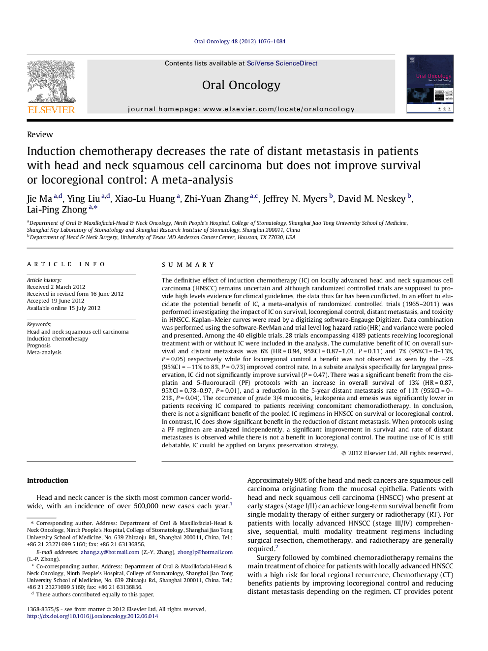 ReviewInduction chemotherapy decreases the rate of distant metastasis in patients with head and neck squamous cell carcinoma but does not improve survival or locoregional control: A meta-analysis