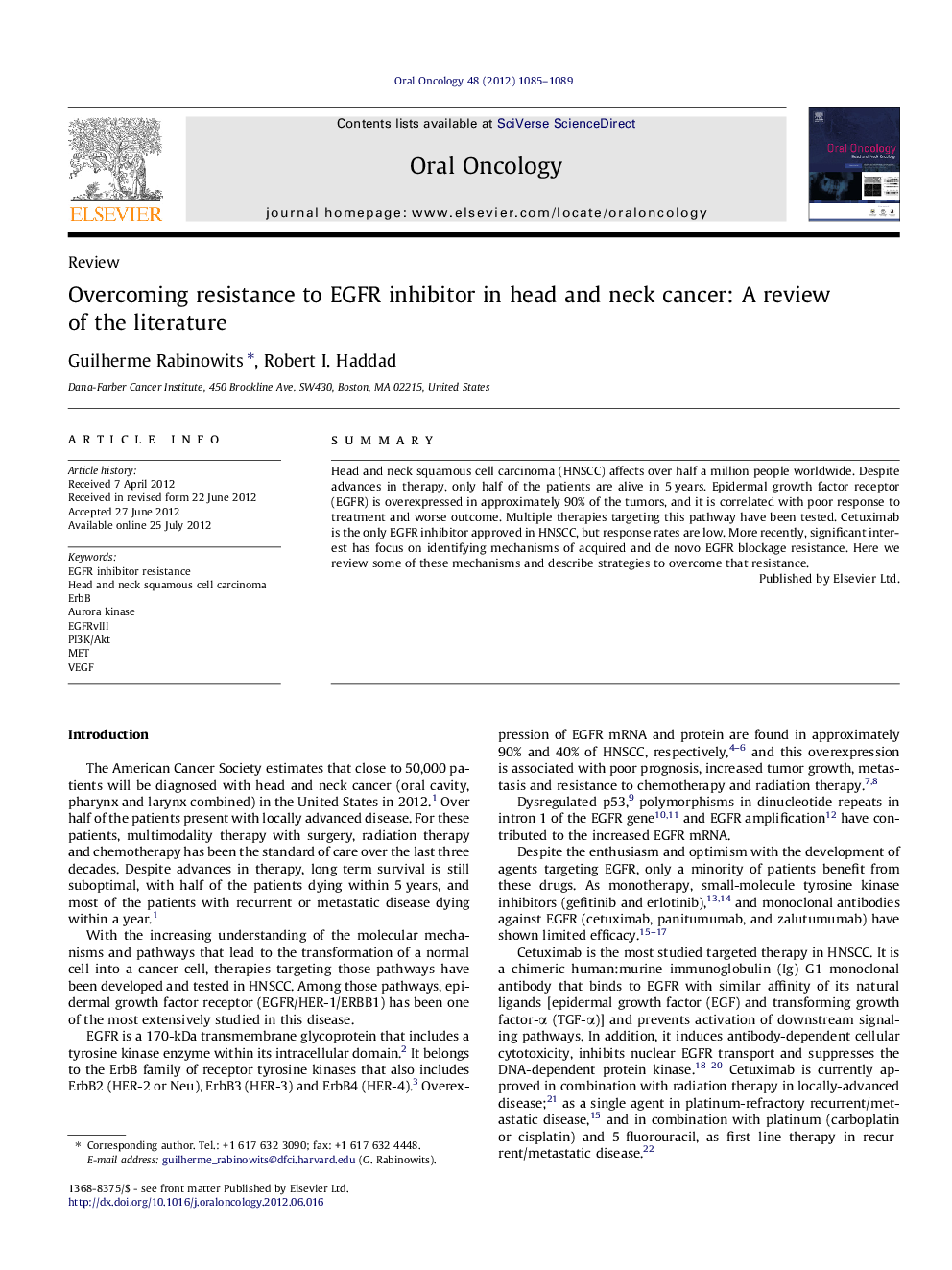 Overcoming resistance to EGFR inhibitor in head and neck cancer: A review of the literature