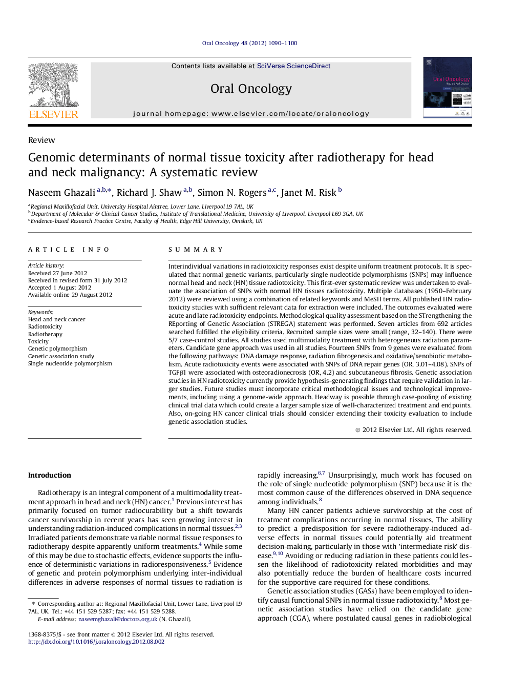 Genomic determinants of normal tissue toxicity after radiotherapy for head and neck malignancy: A systematic review