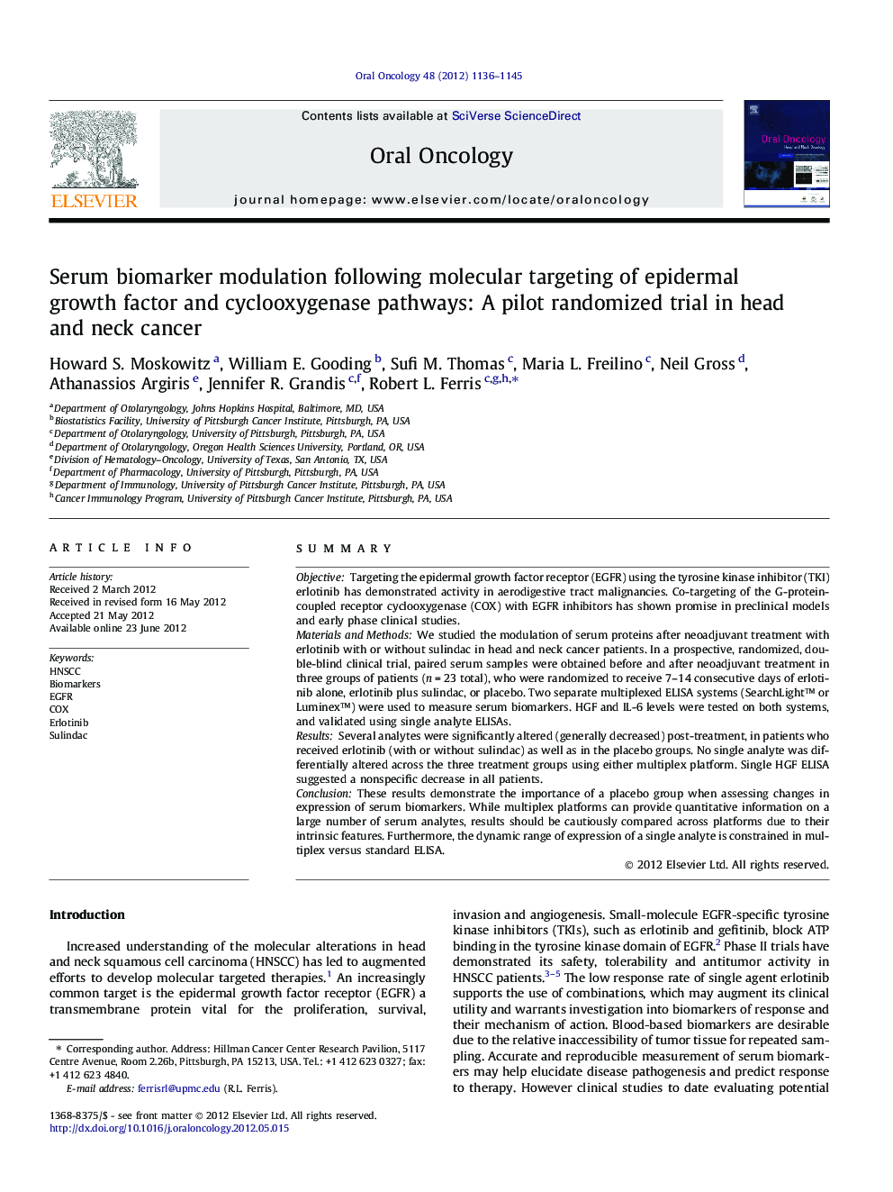 Serum biomarker modulation following molecular targeting of epidermal growth factor and cyclooxygenase pathways: A pilot randomized trial in head and neck cancer