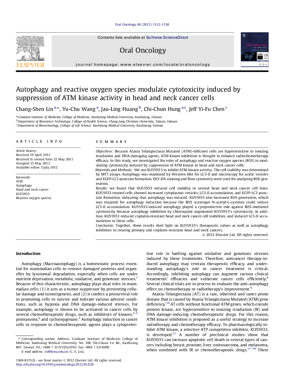 Autophagy and reactive oxygen species modulate cytotoxicity induced by suppression of ATM kinase activity in head and neck cancer cells