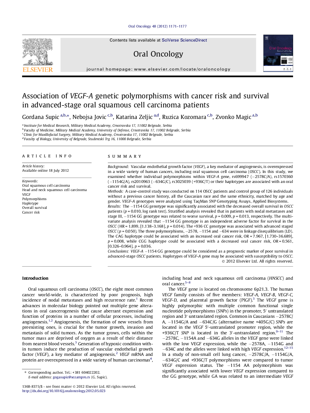 Association of VEGF-A genetic polymorphisms with cancer risk and survival in advanced-stage oral squamous cell carcinoma patients