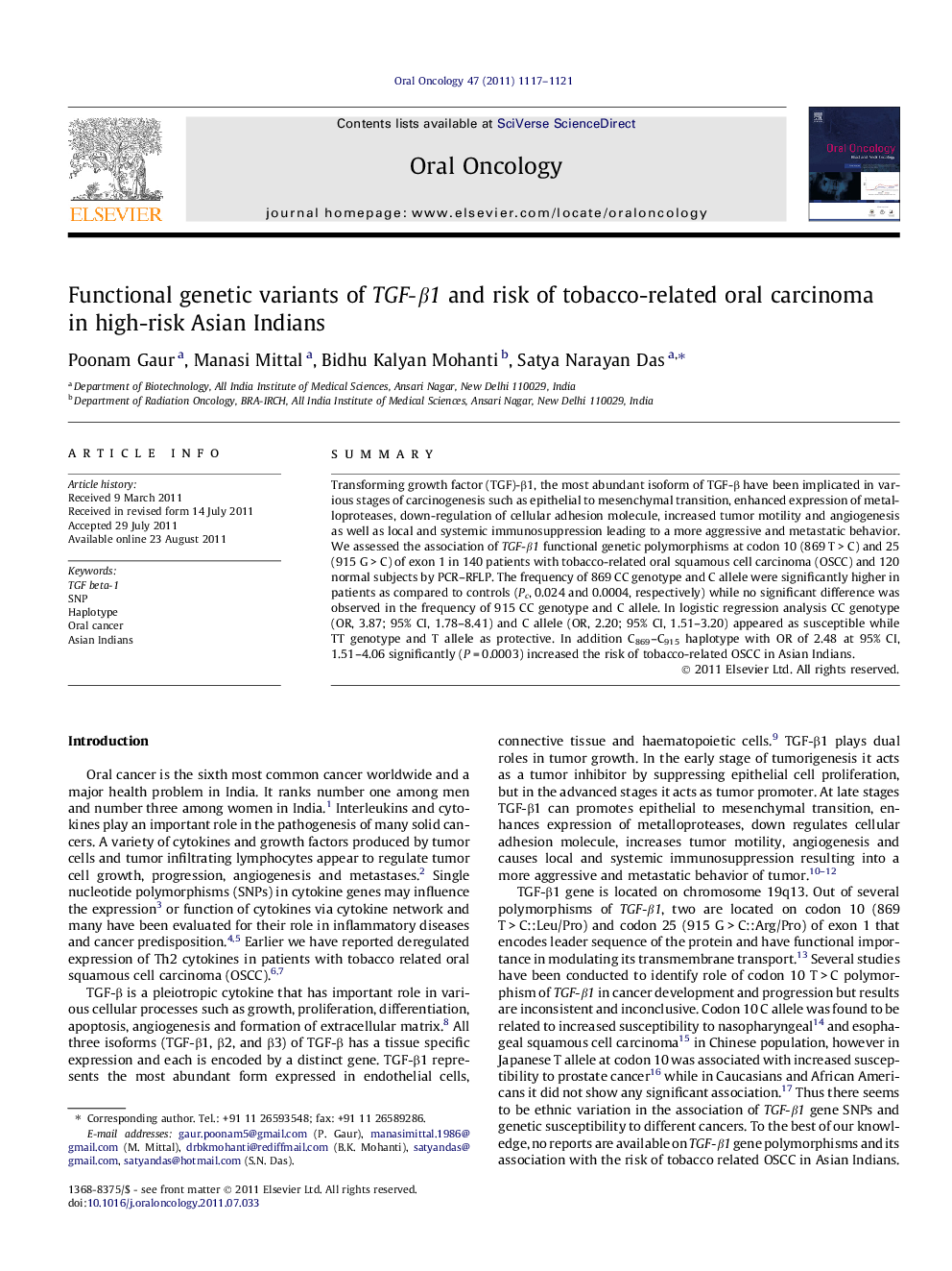 Functional genetic variants of TGF-Î²1 and risk of tobacco-related oral carcinoma in high-risk Asian Indians