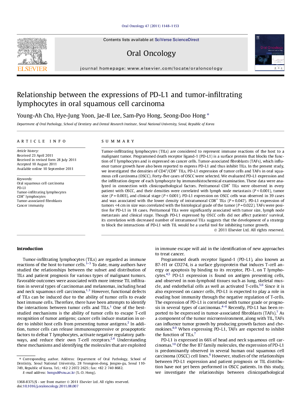 Relationship between the expressions of PD-L1 and tumor-infiltrating lymphocytes in oral squamous cell carcinoma