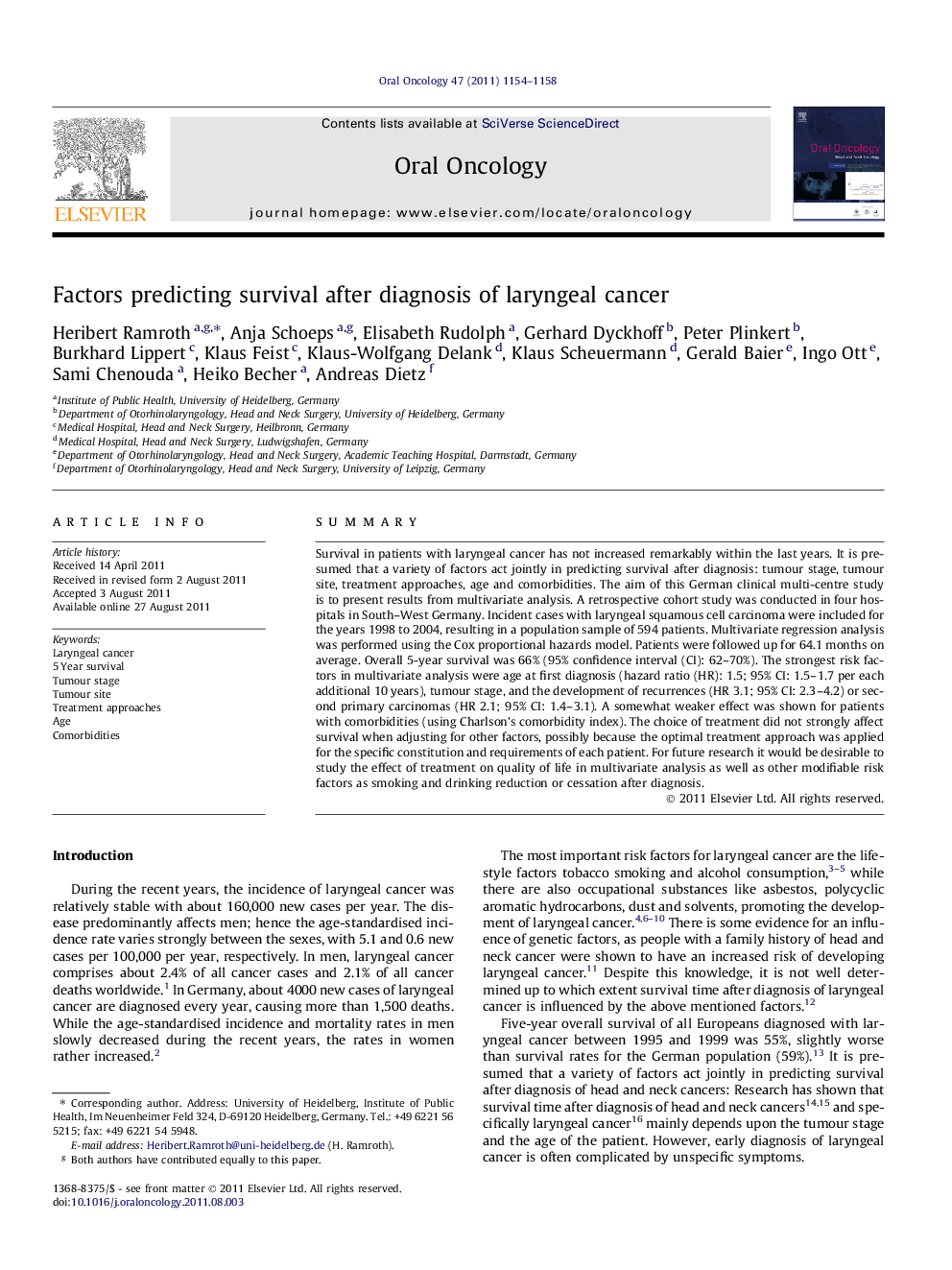 Factors predicting survival after diagnosis of laryngeal cancer