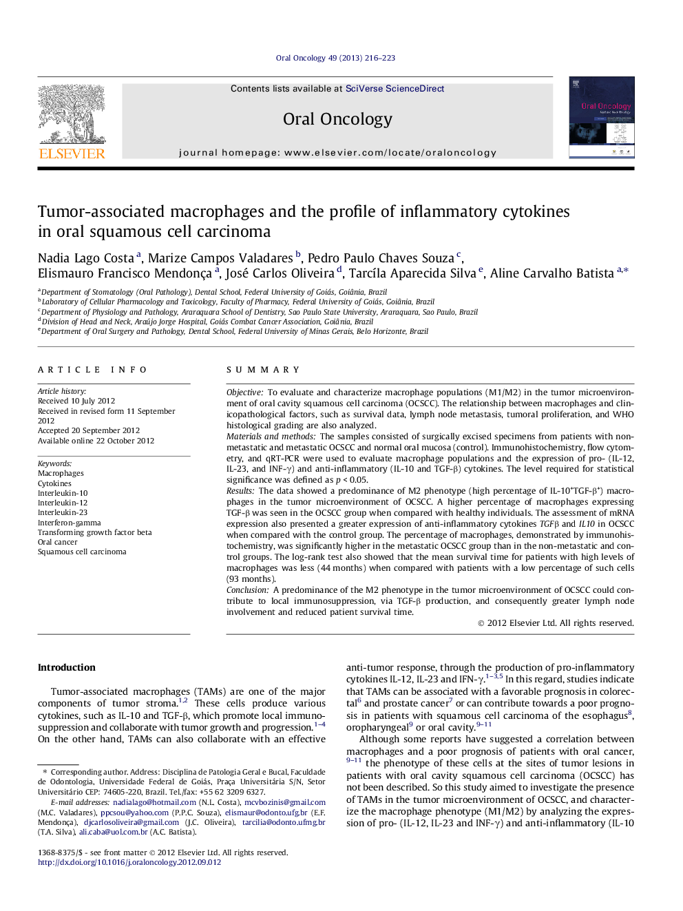 Tumor-associated macrophages and the profile of inflammatory cytokines in oral squamous cell carcinoma