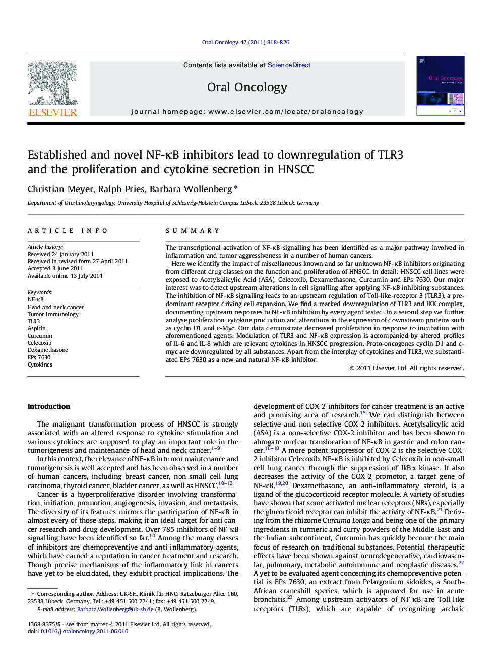 Established and novel NF-ÎºB inhibitors lead to downregulation of TLR3 and the proliferation and cytokine secretion in HNSCC