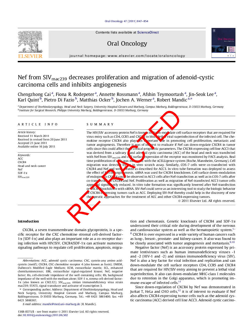 RETRACTED: Nef from SIVmac239 decreases proliferation and migration of adenoid-cystic carcinoma cells and inhibits angiogenesis