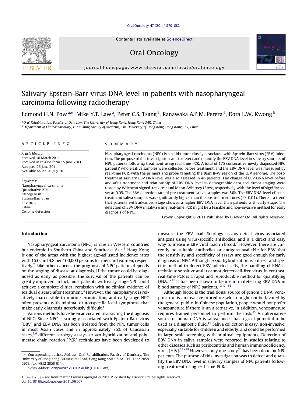 Salivary Epstein-Barr virus DNA level in patients with nasopharyngeal carcinoma following radiotherapy