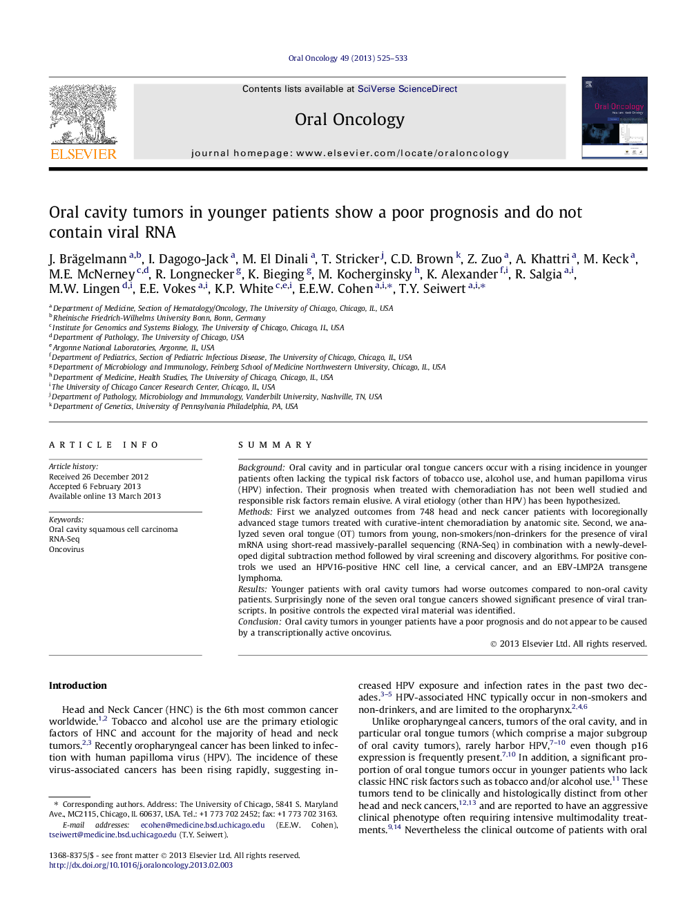 Oral cavity tumors in younger patients show a poor prognosis and do not contain viral RNA