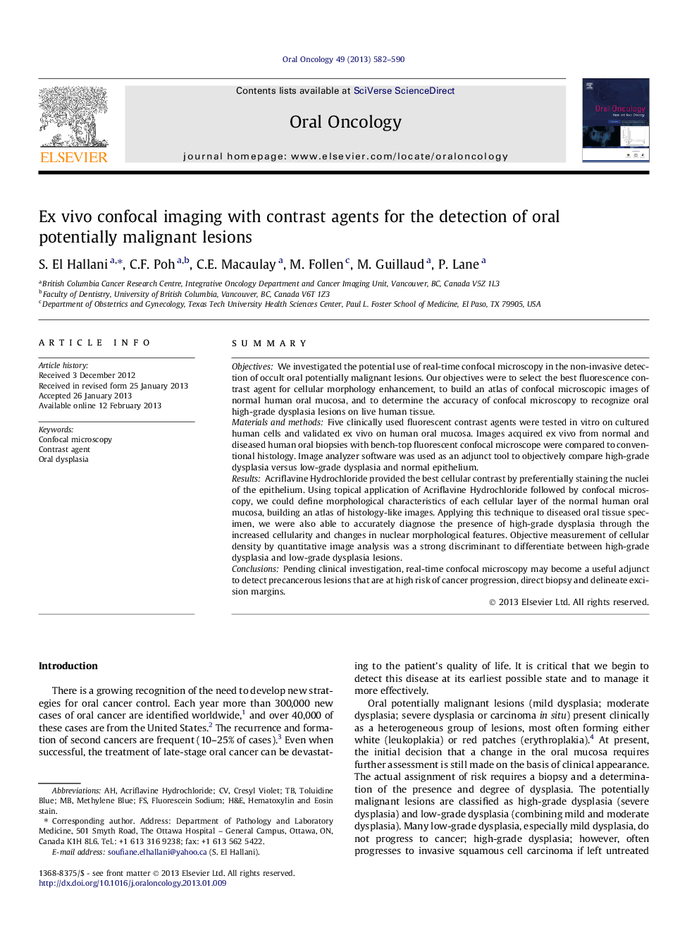 Ex vivo confocal imaging with contrast agents for the detection of oral potentially malignant lesions