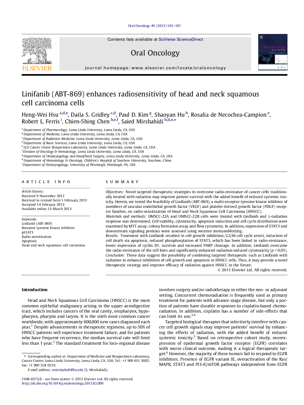 Linifanib (ABT-869) enhances radiosensitivity of head and neck squamous cell carcinoma cells