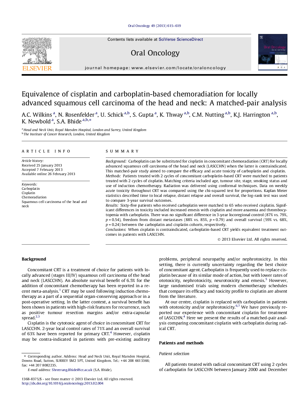 Equivalence of cisplatin and carboplatin-based chemoradiation for locally advanced squamous cell carcinoma of the head and neck: A matched-pair analysis