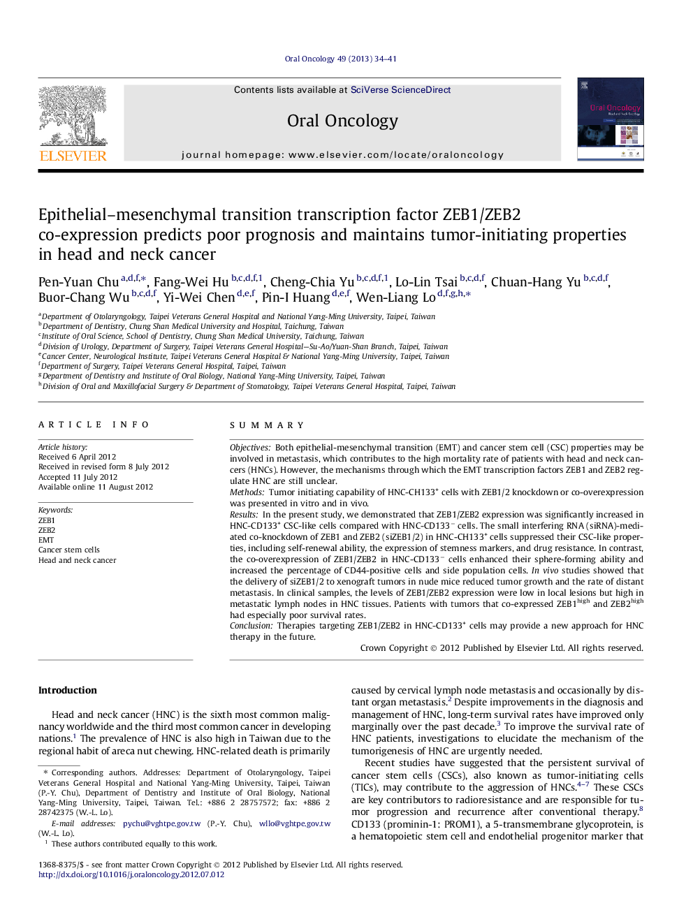 Epithelial-mesenchymal transition transcription factor ZEB1/ZEB2 co-expression predicts poor prognosis and maintains tumor-initiating properties in head and neck cancer