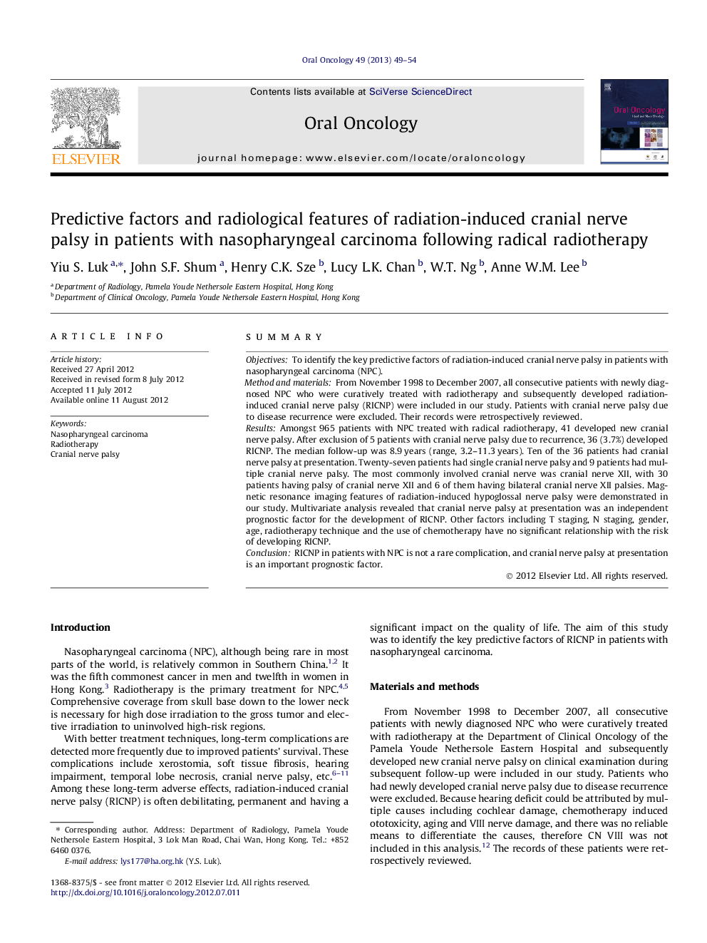 Predictive factors and radiological features of radiation-induced cranial nerve palsy in patients with nasopharyngeal carcinoma following radical radiotherapy