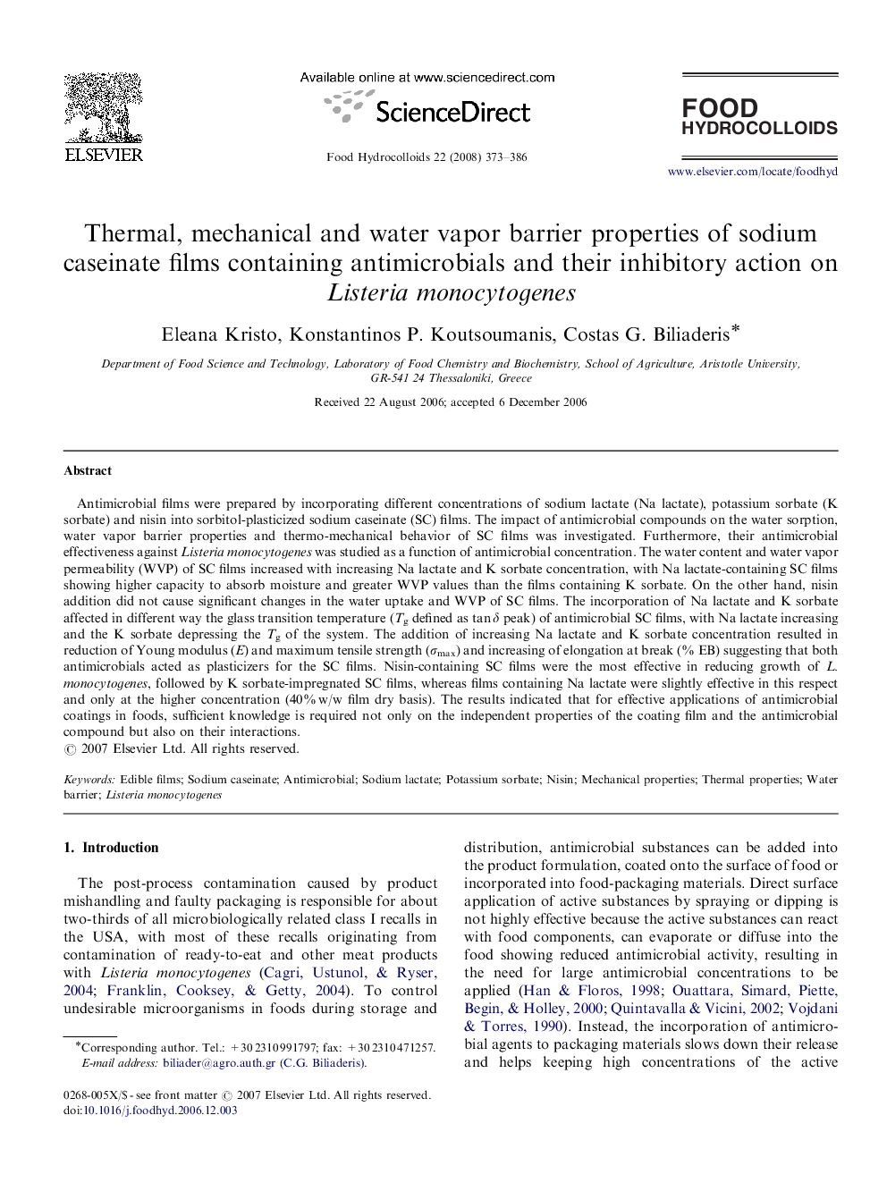 Thermal, mechanical and water vapor barrier properties of sodium caseinate films containing antimicrobials and their inhibitory action on Listeria monocytogenes