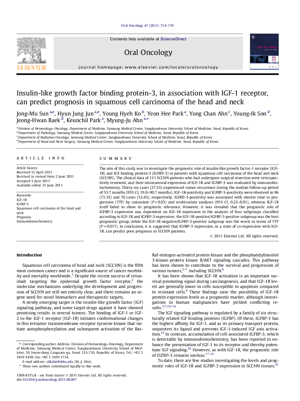 Insulin-like growth factor binding protein-3, in association with IGF-1 receptor, can predict prognosis in squamous cell carcinoma of the head and neck