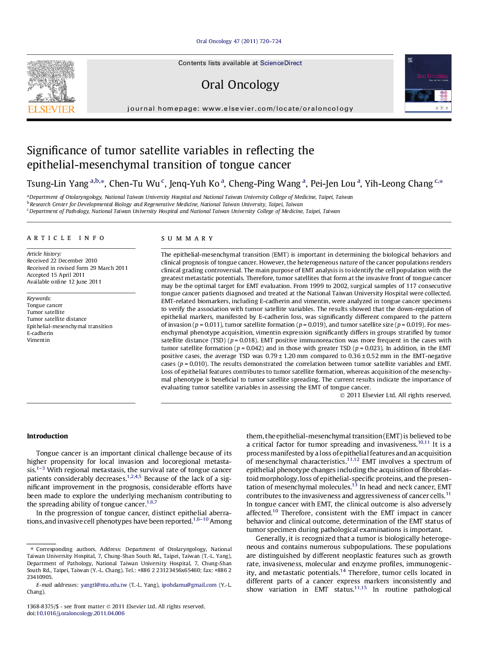 Significance of tumor satellite variables in reflecting the epithelial-mesenchymal transition of tongue cancer