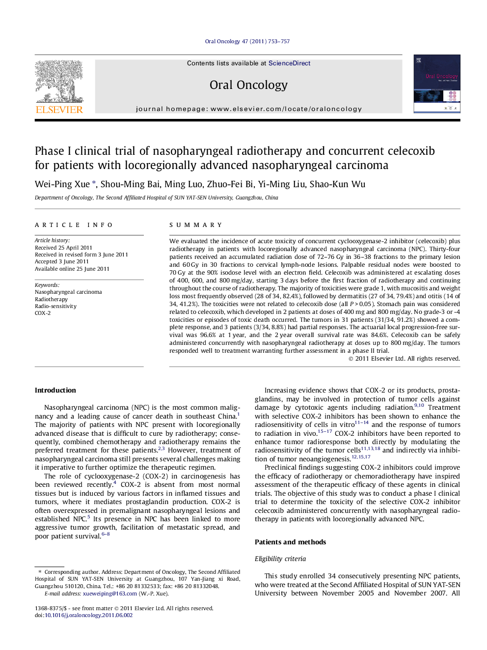 Phase I clinical trial of nasopharyngeal radiotherapy and concurrent celecoxib for patients with locoregionally advanced nasopharyngeal carcinoma