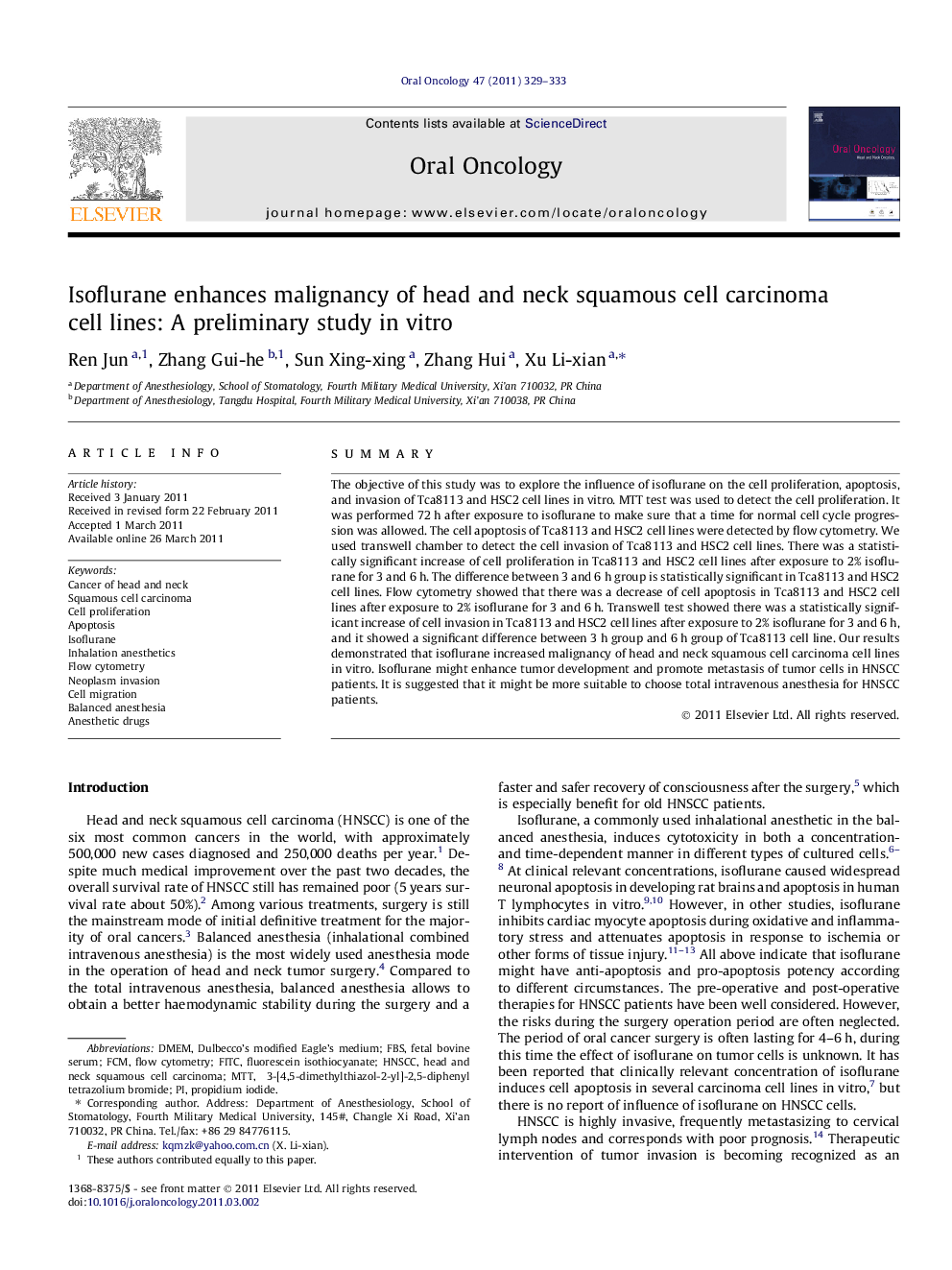 Isoflurane enhances malignancy of head and neck squamous cell carcinoma cell lines: A preliminary study in vitro