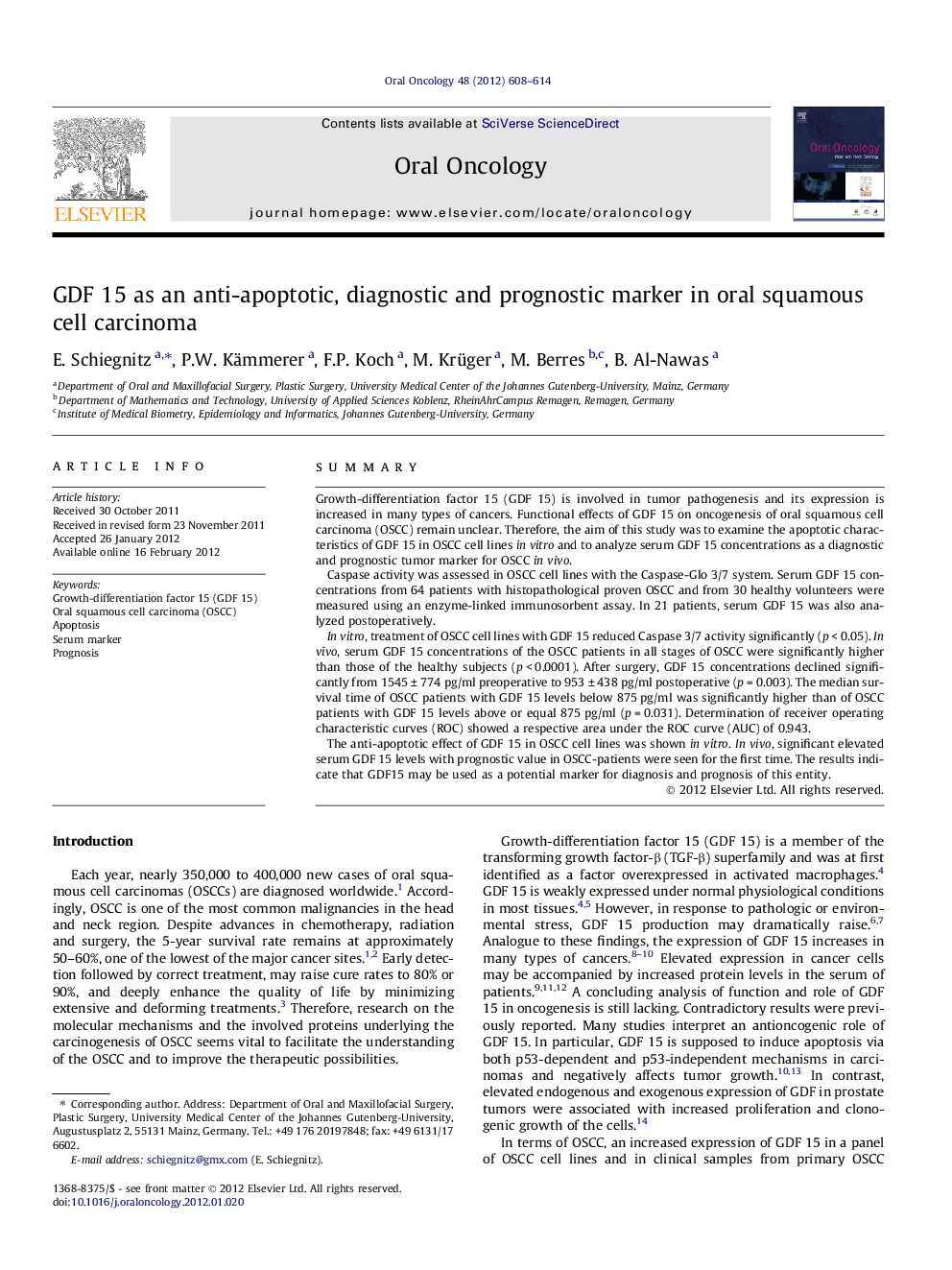 GDF 15 as an anti-apoptotic, diagnostic and prognostic marker in oral squamous cell carcinoma