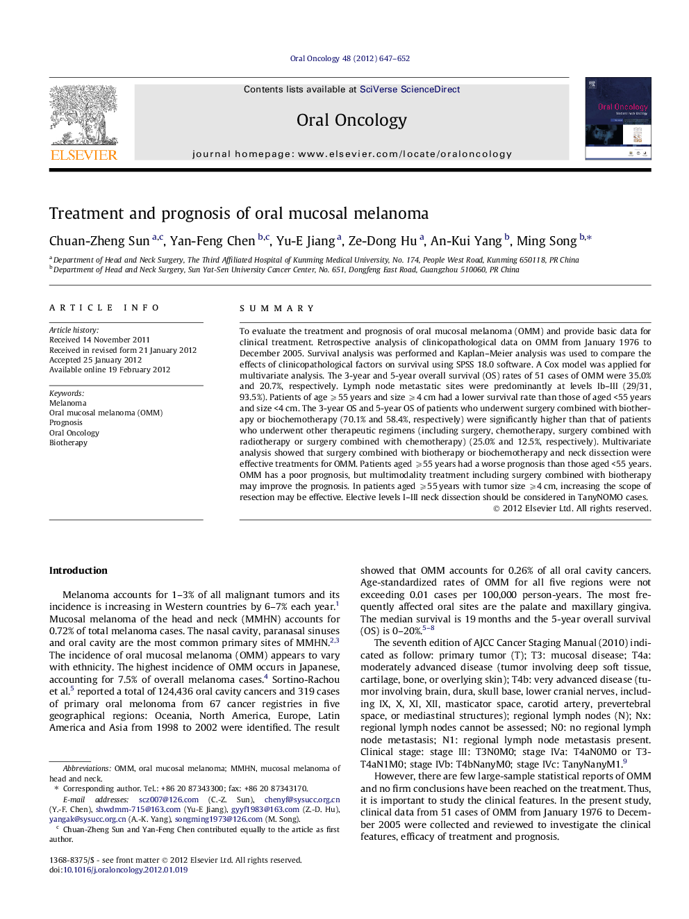 Treatment and prognosis of oral mucosal melanoma