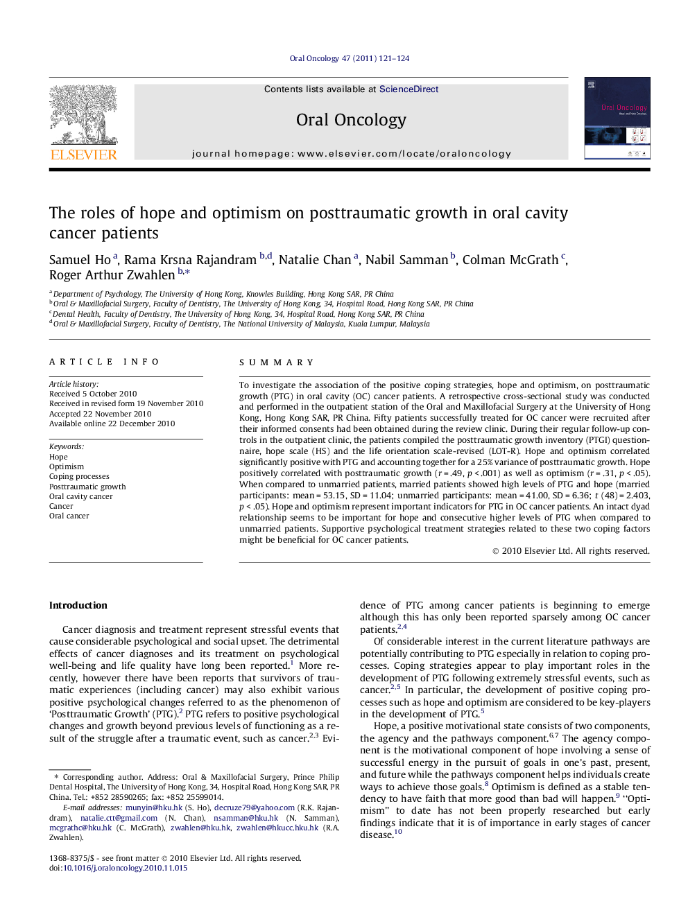 The roles of hope and optimism on posttraumatic growth in oral cavity cancer patients