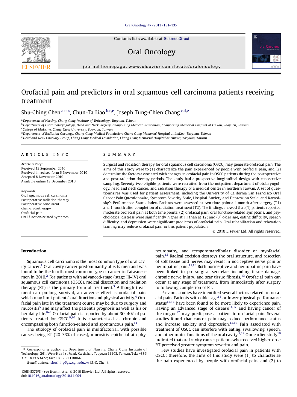 Orofacial pain and predictors in oral squamous cell carcinoma patients receiving treatment